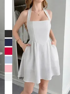 Halter Neck Mini Dress Polyester Backless High Waist A-Line Sleeveless Summer Fashion Elegant For Women