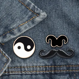 Set of classic black and white Yin Yang and mustache enamel lapel pins for denim