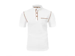 Detailed front view of men's white mesh ice silk polo shirt featuring brown stitching