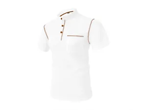 White men's waffle knit short sleeve henley shirt with mandarin collar and pocket detail