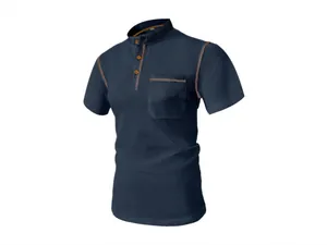 Detailed view of navy blue mesh ice silk t-shirt featuring stand collar and buttons