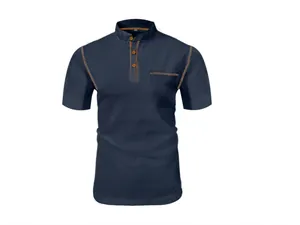 Front view of navy blue mesh ice silk polo shirt with contrast stitching