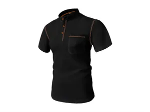 Close-up detail of men's black waffle knit polo shirt with brown contrast stitching