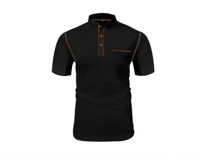 Close-up detail of men's black waffle knit polo shirt featuring a mandarin collar