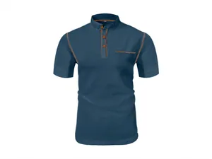 Macro view of blue men's polo shirt showing premium waffle mesh fabric and collar