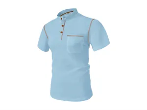 Macro view of light blue waffle mesh texture on men's short sleeve T-shirt with henley collar