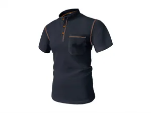 Detailed view of navy blue waffle knit Henley T-shirt with brown contrast stitching