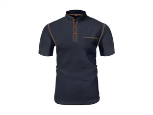 Detailed view of men's navy blue waffle knit shirt with orange contrast stitching