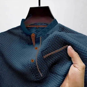 Navy blue men's mesh texture polo t-shirt with mandarin collar and short sleeves