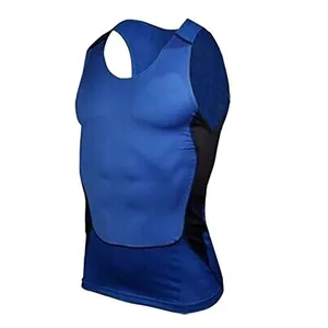 Athletic men's blue and black compression sports tank top featuring muscle shaping design