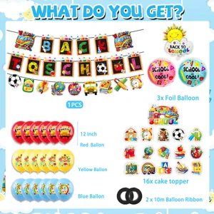 Complete back to school party decoration kit including banner, balloons and cake toppers