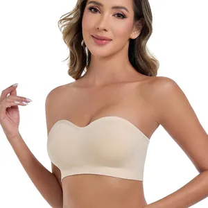 Seamless strapless bandeau bra for women with non-slip padding and wireless design.