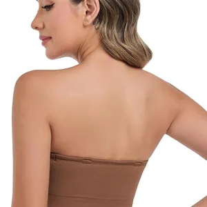 Women's seamless brown strapless bandeau bra showing back view and anti-slip fit