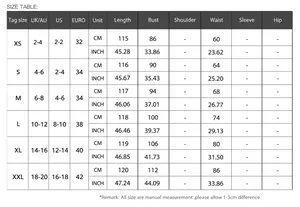 Comprehensive size guide for the high waist sleeveless resort style evening gown