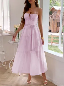 Elegant lavender high-waisted tiered maxi dress perfect for summer vacation and evening parties
