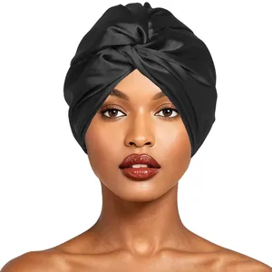 Black satin-like double-layer sleep cap with cross-twist turban design for hair care