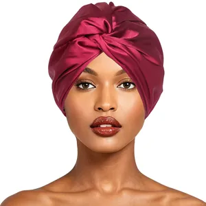 Elegant burgundy satin double-layer twisted sleep cap turban for hair protection
