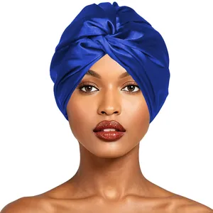 Royal blue imitation silk double-layer sleeping cap featuring a twisted turban design