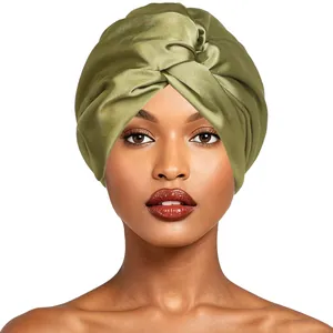 Elegant sage green double-layer faux silk sleep cap featuring a knotted cross design