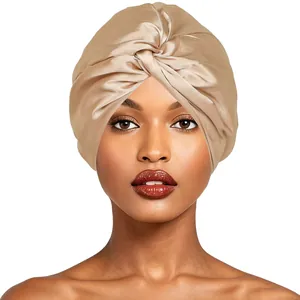 Champagne gold faux silk satin sleep cap with elegant twisted front knot design