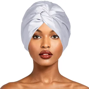 Silver satin double-layer sleep cap with crisscross twist design for women