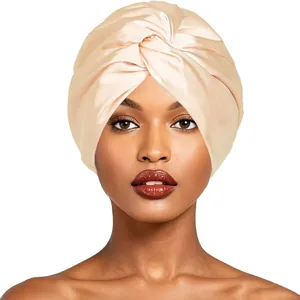 Elegant champagne gold double-layer imitation silk sleep cap with cross-twist design