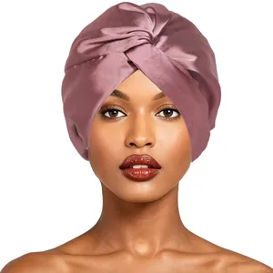 Elegant dusty rose faux silk double-layer sleep cap with twisted knot design for women