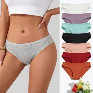 Women Briefs Ribbed Cotton Breathable Low Rise Solid Color Comfy Lingerie Panties Underwear