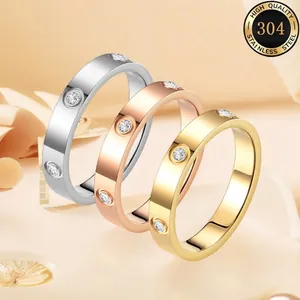 Stainless Steel Ring With Zircon Inlaid Heart And Screw Design Polished Fashion Band Jewelry For Women And Men