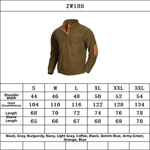 Size chart for men's stand-up collar sweatshirt with elbow patches and dimensions