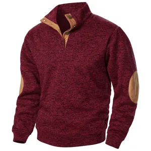 Stylish men's burgundy marled knit sweatshirt with stand collar and elbow patches