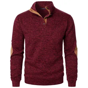 Detailed view of men's burgundy knit sweater with button collar and brown elbow patches