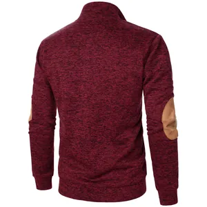Detailed back view of men's maroon knit sweatshirt with decorative tan elbow patches
