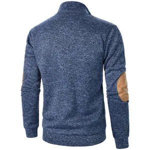 Back view of premium men's blue marled knit cardigan featuring brown elbow patches
