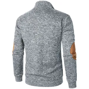 Back view of a premium men's grey knit zip cardigan with stylish brown elbow patches