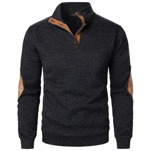 Front view detail of men's stand-collar knit sweatshirt with elbow patches