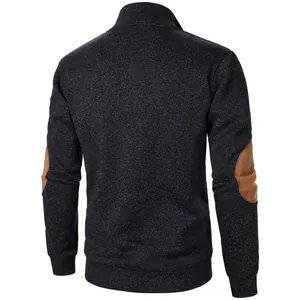 Detailed back view of men's knitted cardigan sweatshirt with brown elbow patches
