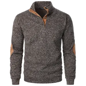 Close-up detail of men's casual stand collar knitted sweatshirt with suede elbow patches