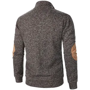 Back view of men's knitted cardigan with brown elbow patches and jacquard texture