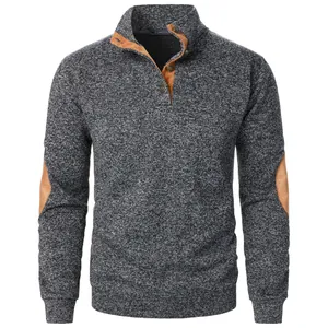 Men's grey melange knitted sweatshirt with stand collar and brown elbow patches