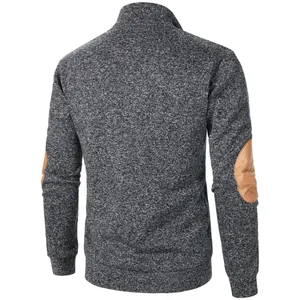 Back view of a premium men's grey knitted jacket with brown suede elbow patches