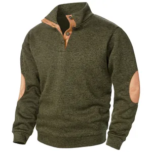 Men's premium stand-collar olive knit sweatshirt featuring stylish tan elbow patches