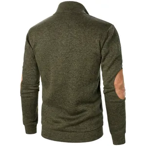 Back view of men's green knit sweatshirt with tan elbow patches and ribbed cuffs