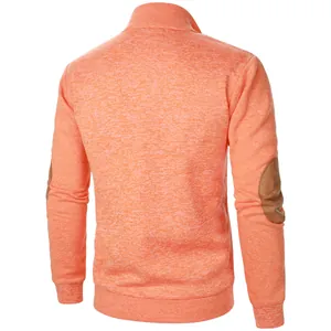 Back view of orange men's stand-collar knitted sweatshirt with brown elbow patches
