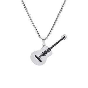 Close-up view of a silver stainless steel acoustic guitar pendant necklace for musicians