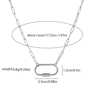 Detailed dimensions of stainless steel paperclip necklace with carabiner clasp.