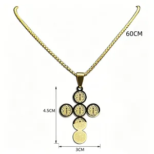 Gold stainless steel Saint Benedict cross pendant necklace with 60cm chain length