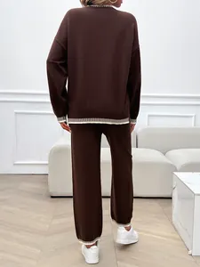 Elegant women's loose long-sleeve brown knit two-piece set with white striped trim