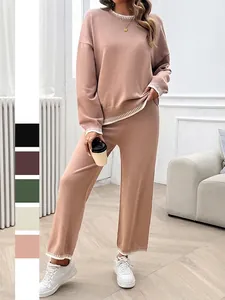Women Knit Contrast Stripe Round Neck Sweater And Wide Leg Pants Casual Loungewear Chic Tracksuit
