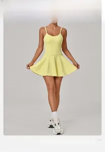Yellow slim-fit sports tennis dress with chest pads for yoga and outdoor golf